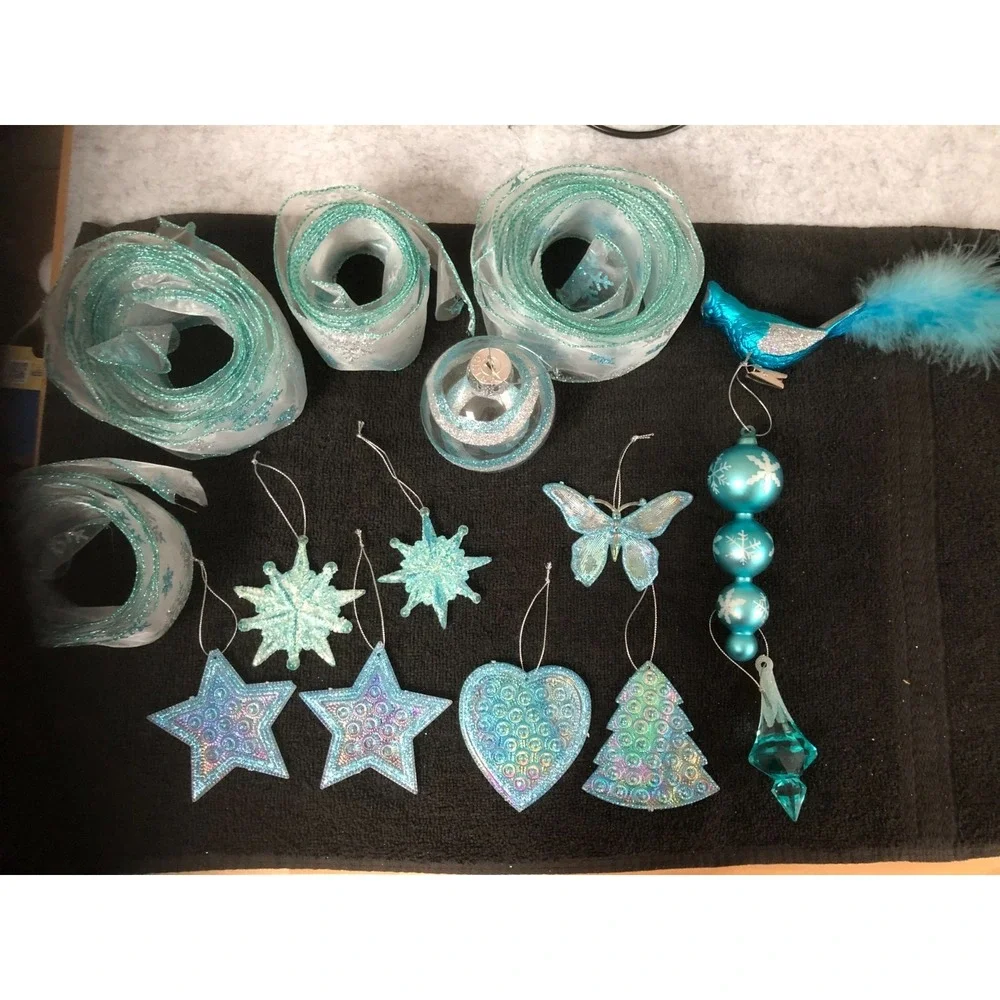 Lot of Vintage Teal/Blue Ornaments~Teal Wired Ribbon Excellent Condition
